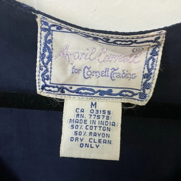 Vintage April Cornell Maxi Dress Womens M Navy Blue Mirror Beaded Cotton Rayon - Picture 4 of 6